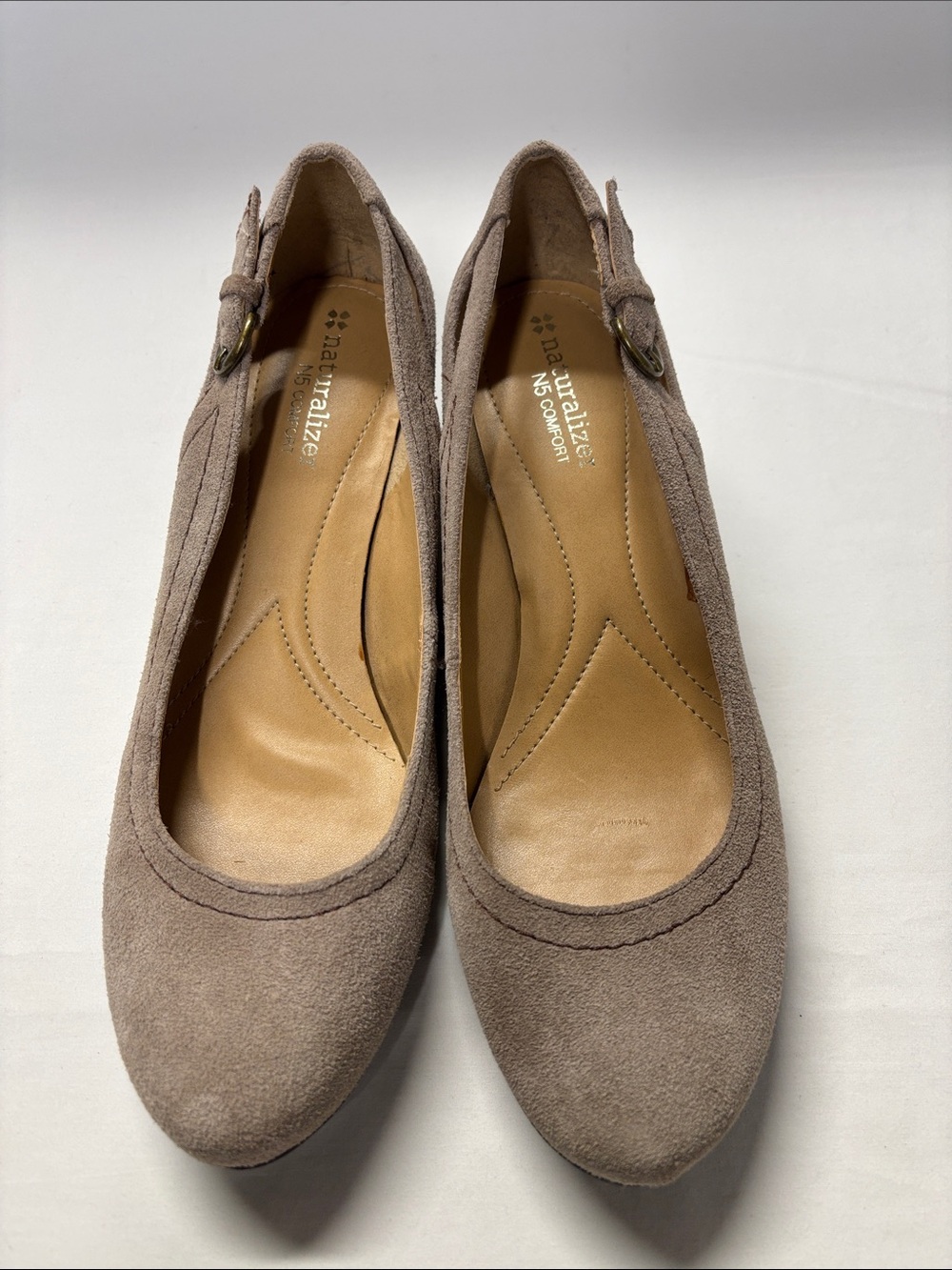 Naturalizer Taupe Suede Low Wedge Pumps with Buckle